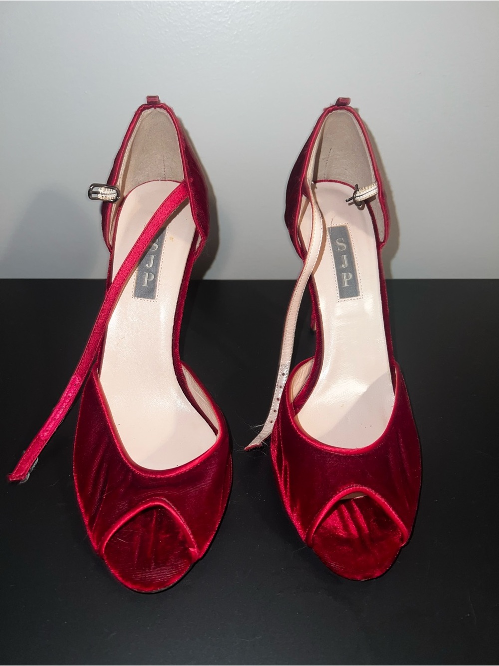SJP by Sarah Jessica Parker Red Velvet Peep-Toe Ankle-Strap Heels